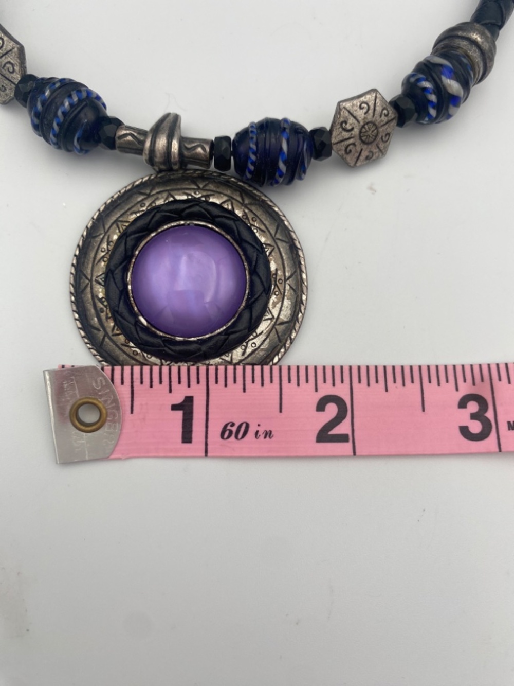 Vintage Statement Purple Stone Medallion Necklace Black Braid Cord - Picture 10 of 11